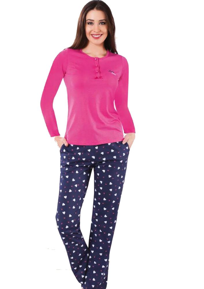 Lady Shine Kalp Desenli Düğme Detaylı Pijama Takımı 297 | Pembe