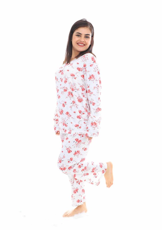 Lindros Boru Paçalı Gül Desenli Pijama Takımı 8078 | Fuşya - Thumbnail