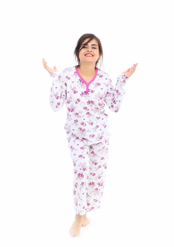 Lindros Boru Paçalı Gül Desenli Pijama Takımı 8078 | Mor - Thumbnail