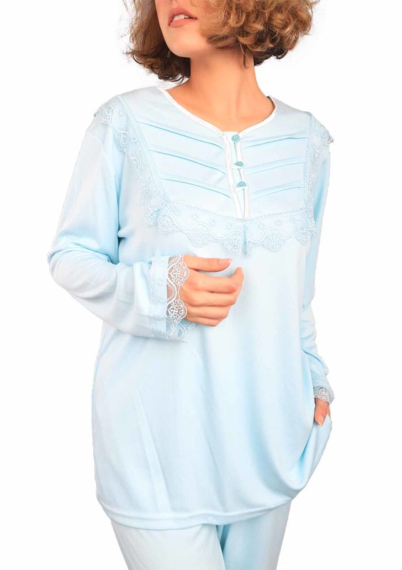 Mecit Yakası Düğmeli Güpür Detaylı Pijama Takımı 1441 | Turkuaz - Thumbnail