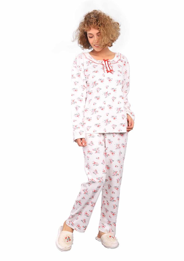 Podyum Yakası Kurdeleli Desenli Pijama Takımı 255 | Kırmızı