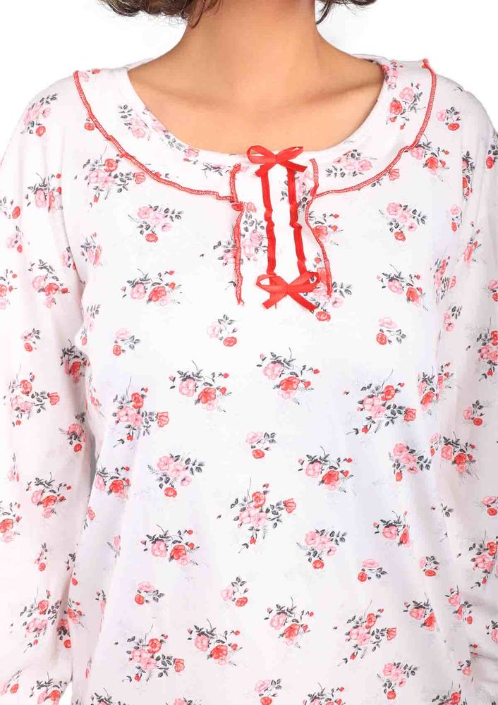Podyum Yakası Kurdeleli Desenli Pijama Takımı 255 | Kırmızı