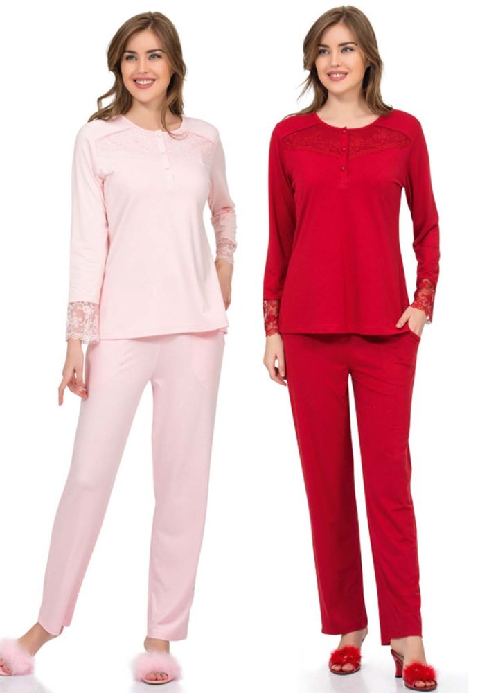 Poleren Yakası Düğmeli ve Güpürlü Pijama Takımı 5956 | Kırmızı