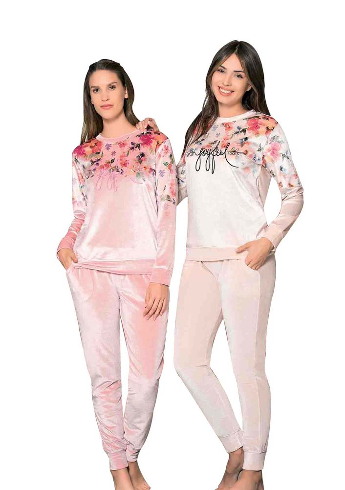Poleren Çiçek Desenli Kadife Pijama Takımı 6183 | Pudra