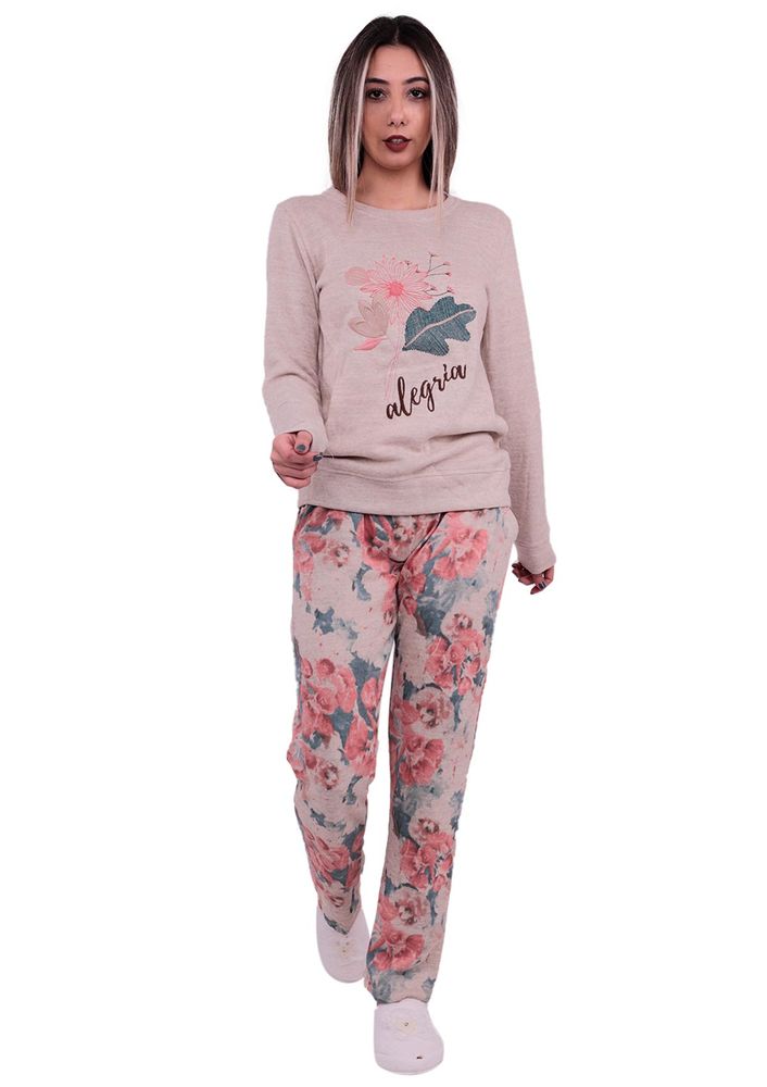 Poleren Boru Paçalı Çiçek Desenli Pijama Takımı 6142 | Bej