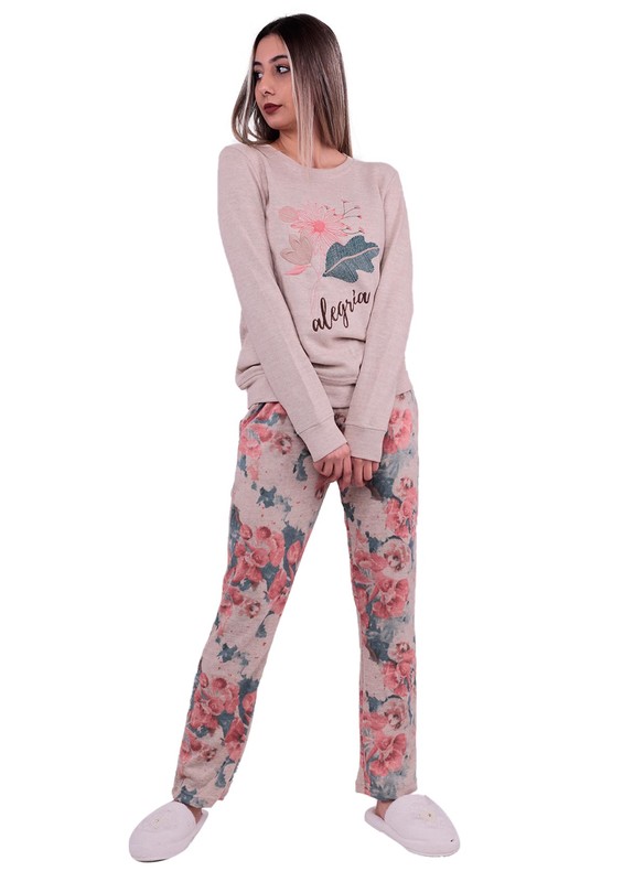 Poleren Boru Paçalı Çiçek Desenli Pijama Takımı 6142 | Bej - Thumbnail