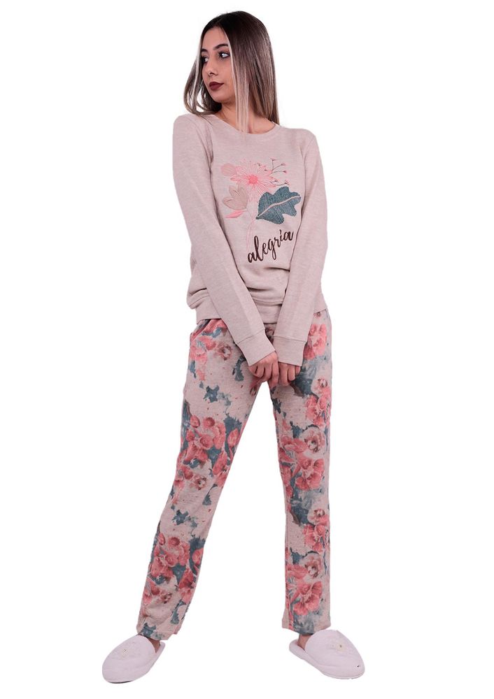 Poleren Boru Paçalı Çiçek Desenli Pijama Takımı 6142 | Bej