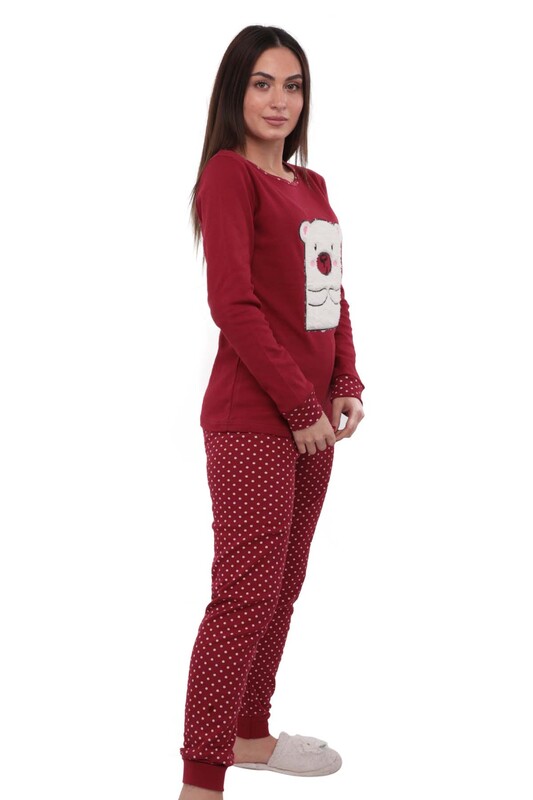 Ayı Desenli Uzun Kollu Kadın Polar Pijama Takımı 5007 | Kırmızı - Thumbnail