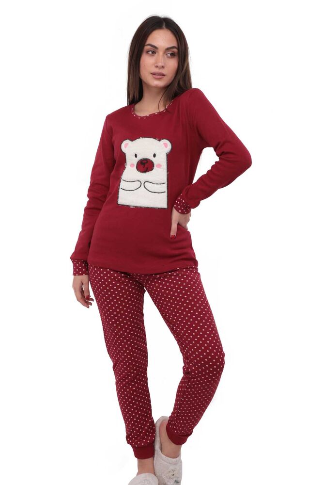 Ayı Desenli Uzun Kollu Kadın Polar Pijama Takımı 5007 | Kırmızı