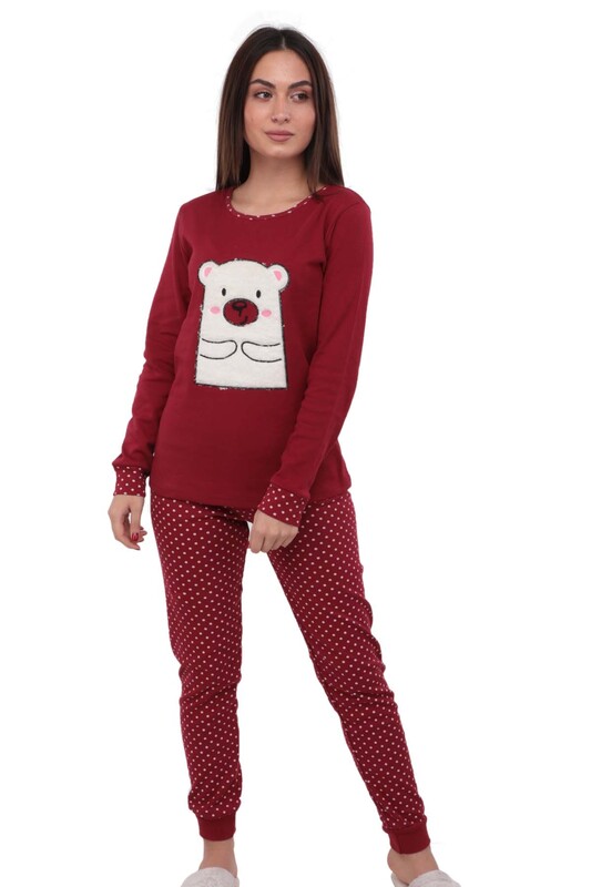 Ayı Desenli Uzun Kollu Kadın Polar Pijama Takımı 5007 | Kırmızı - Thumbnail