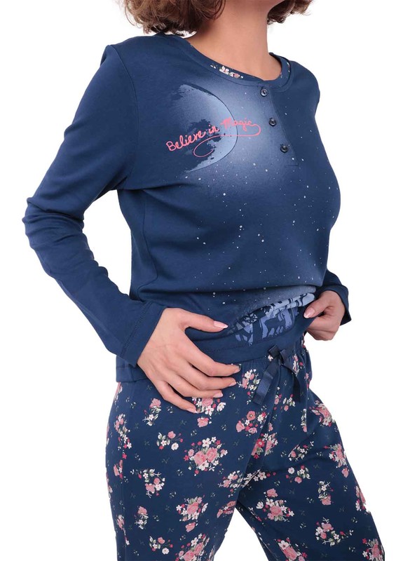 Rolypoly Düğme Detaylı Çiçek Desenli Lacivert Pijama Takımı 3160 | Lacivert - Thumbnail