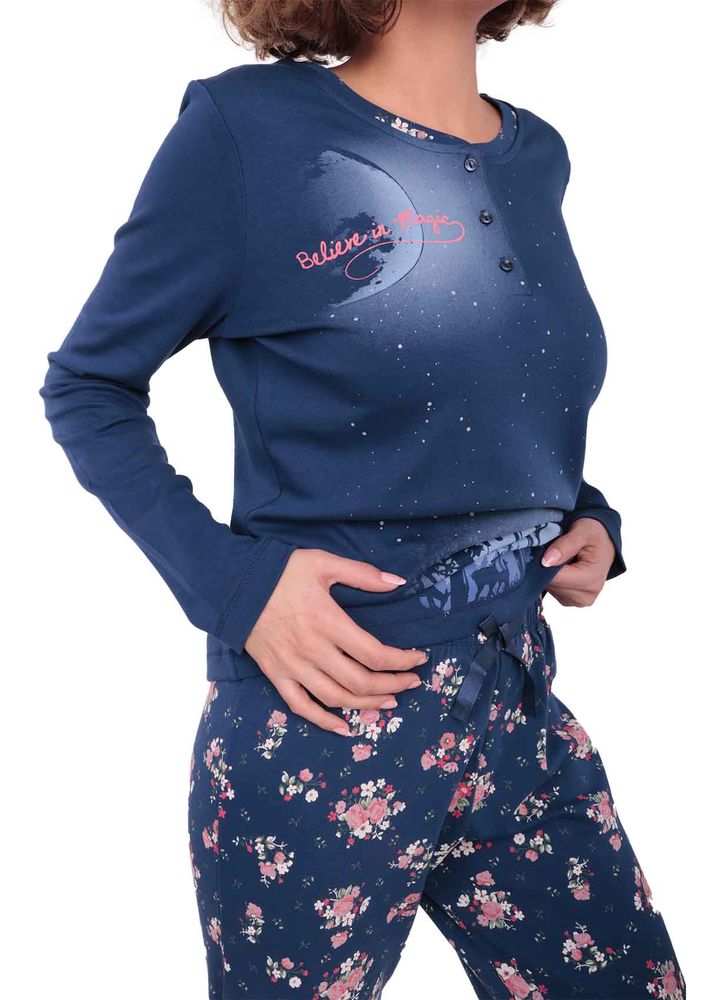Rolypoly Düğme Detaylı Çiçek Desenli Lacivert Pijama Takımı 3160 | Lacivert