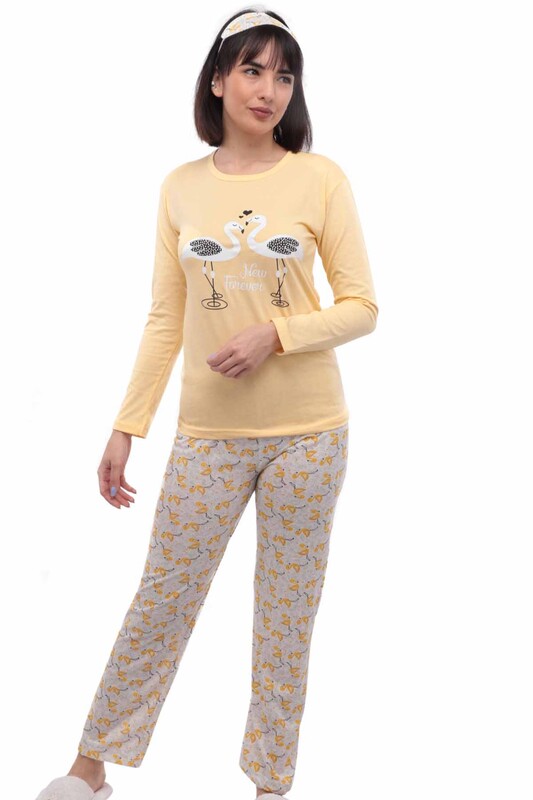 Kuğu Desenli Uyku Gözlüklü Pijama Takımı 08 | Sarı - Thumbnail