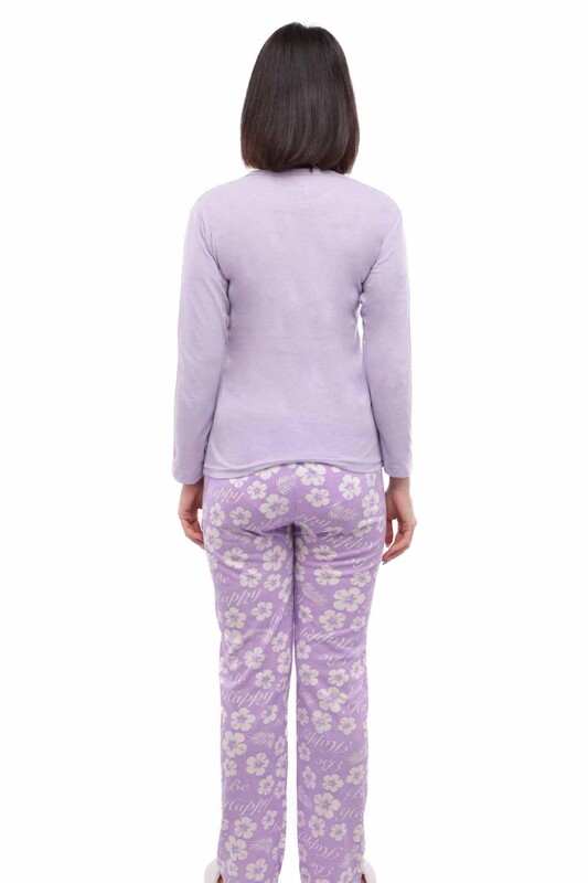 Çiçek Desenli Uyku Gözlüklü Pijama Takımı 38 | Mor - Thumbnail