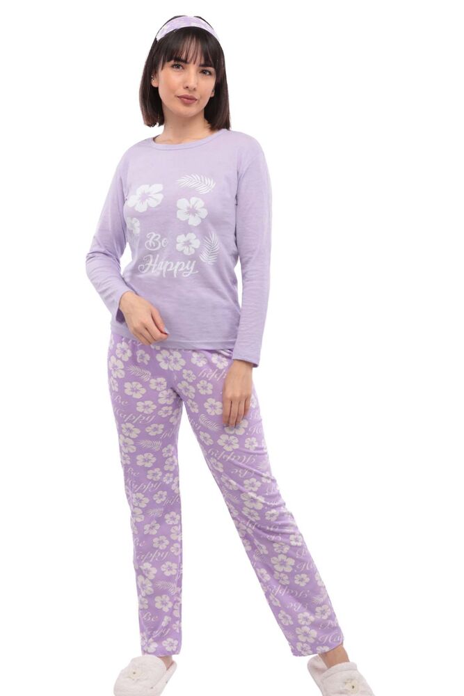 Çiçek Desenli Uyku Gözlüklü Pijama Takımı 38 | Mor