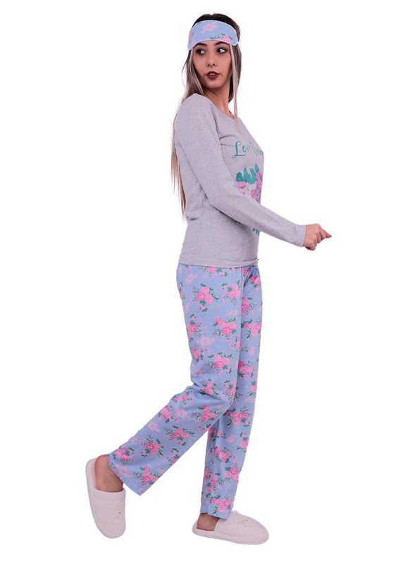 Stil Çiçek Desenli Uyku Gözlüklü Pijama Takımı 362 | Pembe - Thumbnail