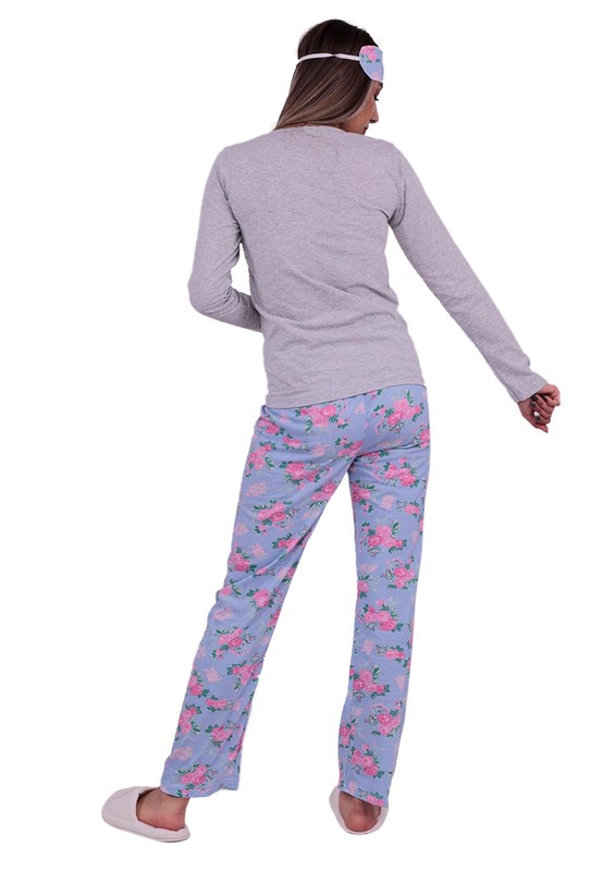Stil Çiçek Desenli Uyku Gözlüklü Pijama Takımı 362 | Pembe - Thumbnail