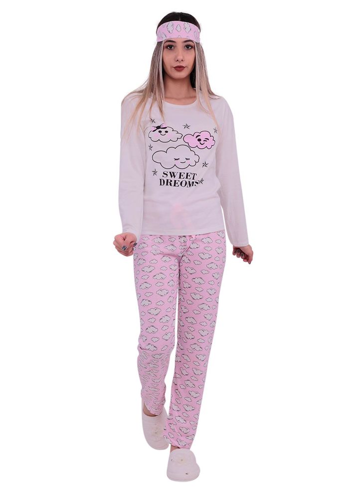 Stil Bulut Desenli Uyku Gözlüklü Pijama Takımı 7588 | Beyaz