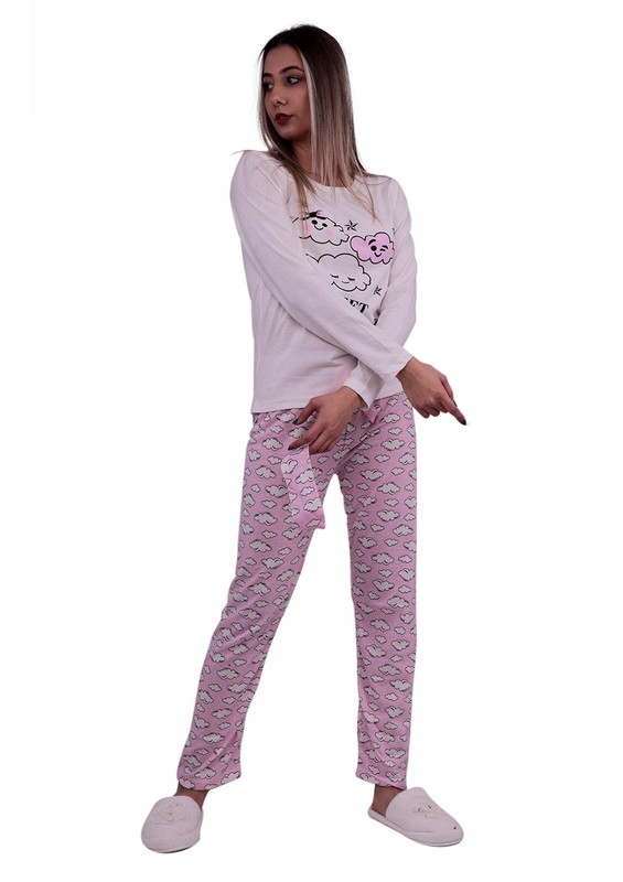Stil Bulut Desenli Uyku Gözlüklü Pijama Takımı 7588 | Beyaz - Thumbnail