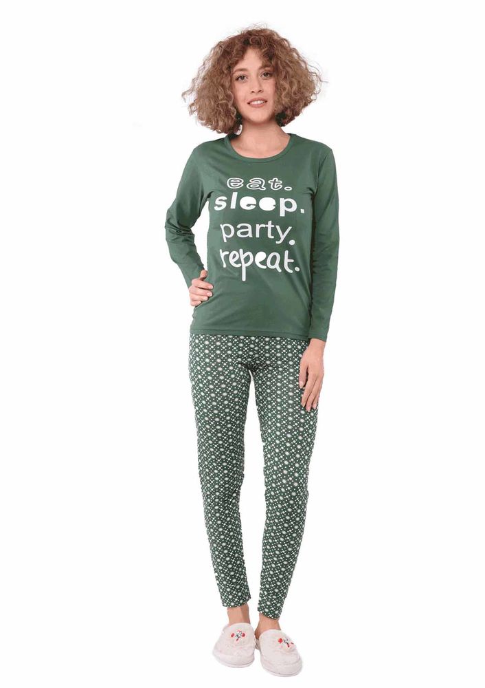Sude Dar Paçalı Desenli Yazılı Yeşil Pijama Takımı 2472 | Yeşil