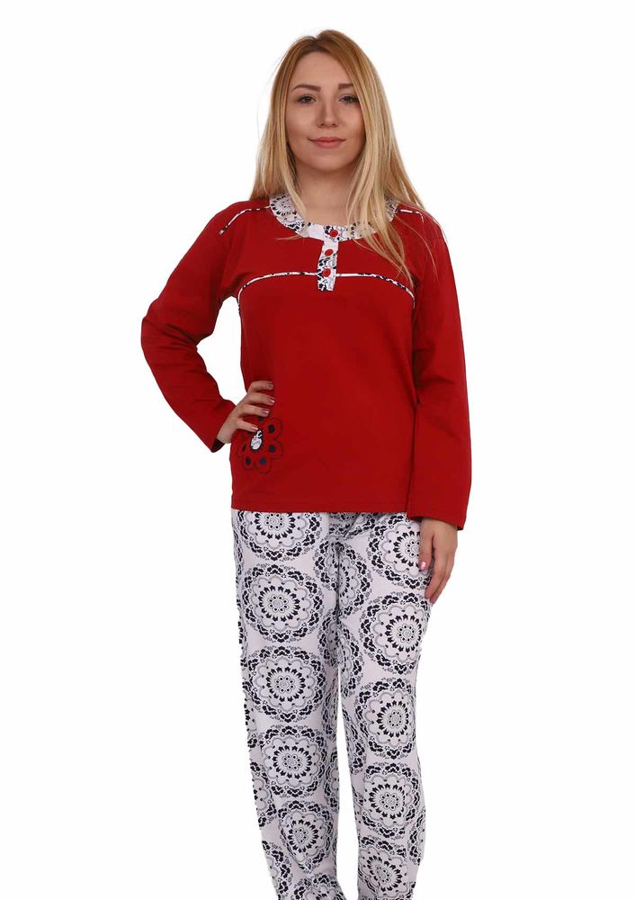 Sude Düğme Detaylı Desenli Pijama Takımı 1040 | Bordo