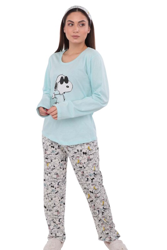 Uyku Gözlüklü Desenli Pijama Takımı 9626 | Turkuaz - Thumbnail
