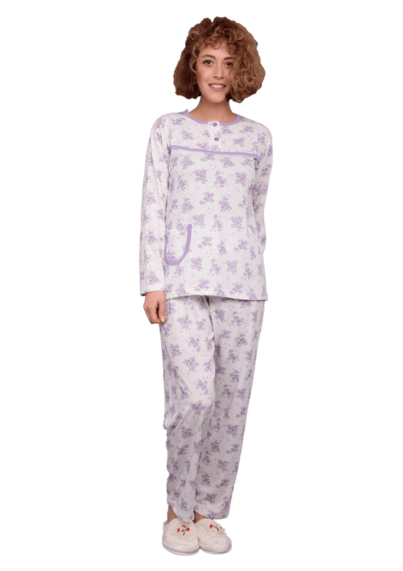 Yenteks Düğme Detaylı Ön Yakası Fırfırlı Desenli Pijama Takımı 558 | Lila - Thumbnail