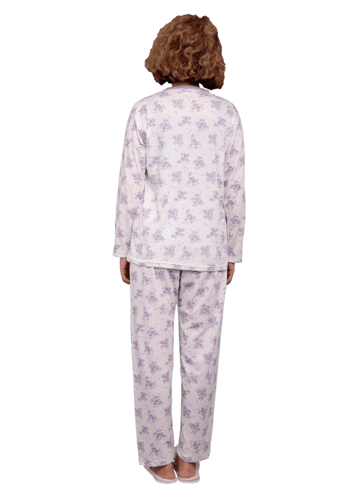 Yenteks Düğme Detaylı Ön Yakası Fırfırlı Desenli Pijama Takımı 558 | Lila