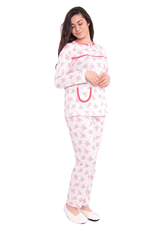 Yenteks Düğme Detaylı Ön Yakası Fırfırlı Desenli Pijama Takımı 558 | Nar Çiçeği - Thumbnail