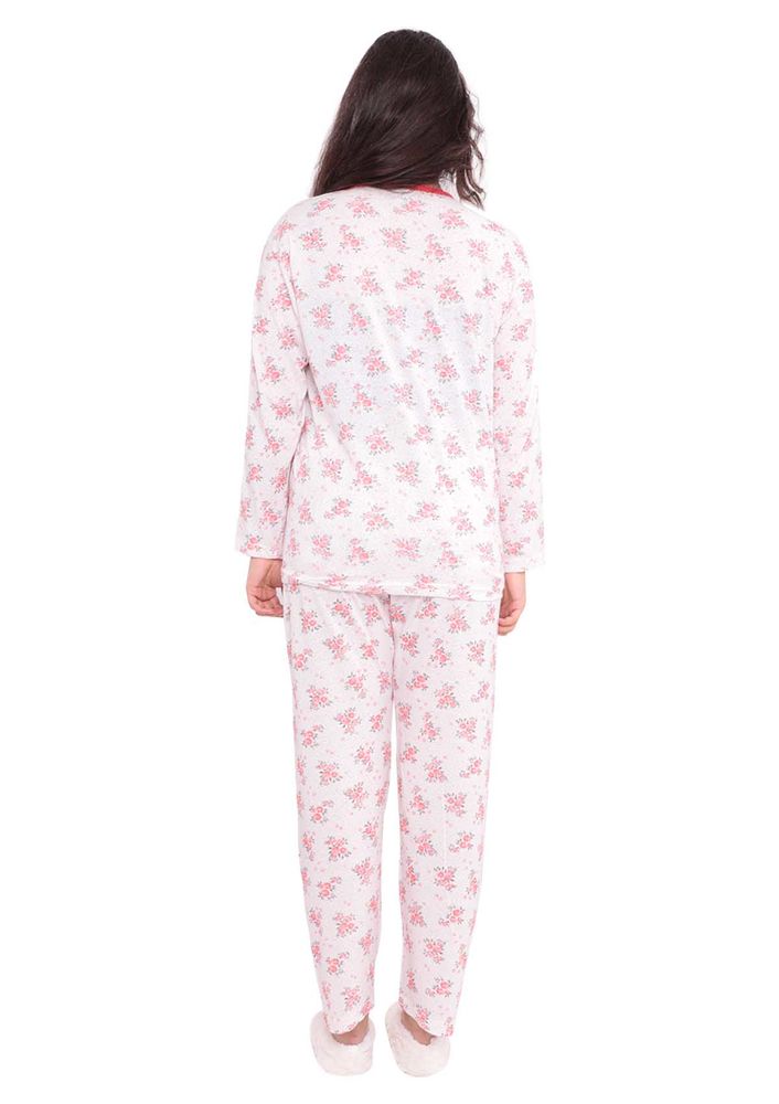 Yenteks Düğme Detaylı Ön Yakası Fırfırlı Desenli Pijama Takımı 558 | Nar Çiçeği