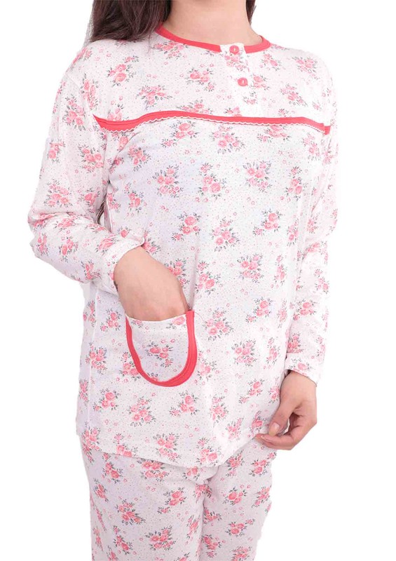 Yenteks Düğme Detaylı Ön Yakası Fırfırlı Desenli Pijama Takımı 558 | Nar Çiçeği - Thumbnail