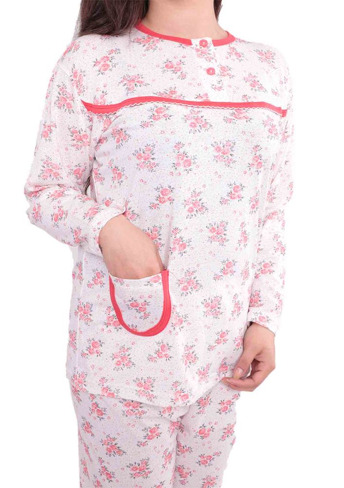 Yenteks Düğme Detaylı Ön Yakası Fırfırlı Desenli Pijama Takımı 558 | Nar Çiçeği