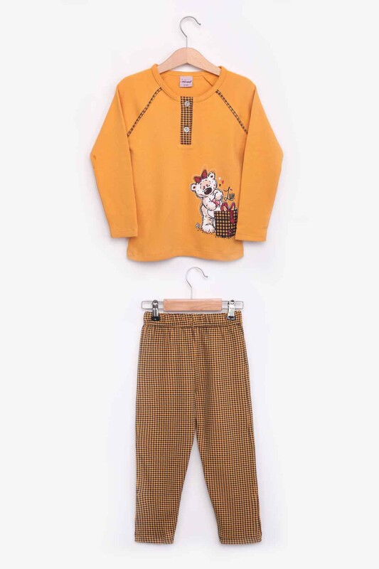 Teddy Printed Girl Pyjama Set 9933 | Mustard - Thumbnail
