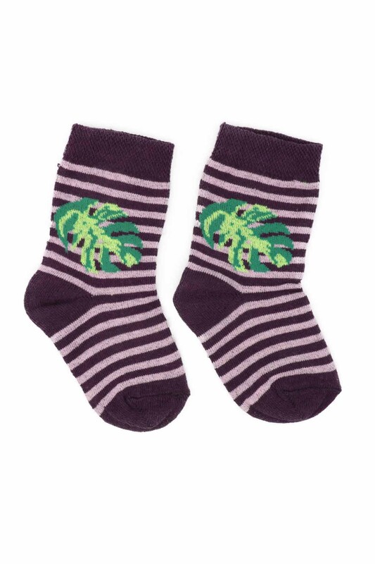 Palmiye Ağaç Desenli Kız Çocuk Soket Çorap | Mürdüm - Thumbnail
