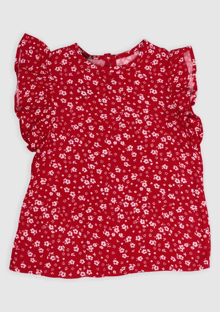 ALG Kolları Fırfır Çiçek Baskılı Kız Çocuk Elbise | Kırmızı
