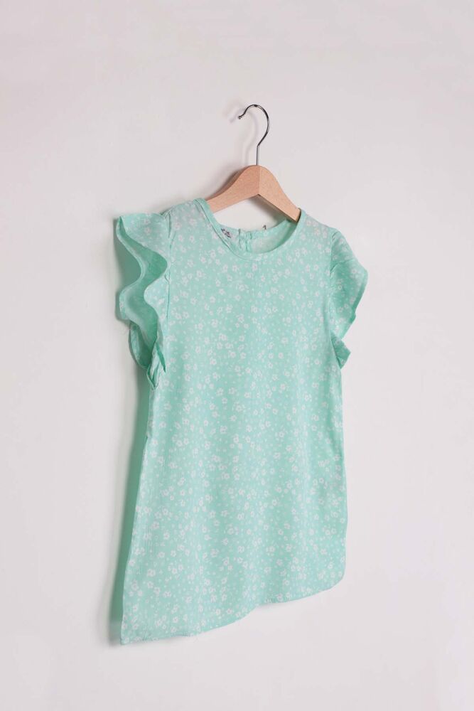ALG Kolları Fırfır Çiçek Baskılı Kız Çocuk Elbise | Su Yeşili