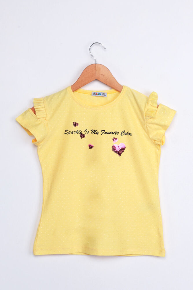 ALG Kolları Fırfır Kalp Baskılı Kız Çocuk Elbise | Sarı
