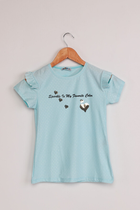 ALG - ALG Kolları Fırfır Kalp Baskılı Kız Çocuk Elbise | Mavi