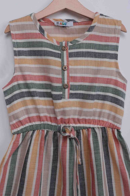 Kız Çocuk Sıfır Kollu Keten Elbise | Çok Renkli - Thumbnail