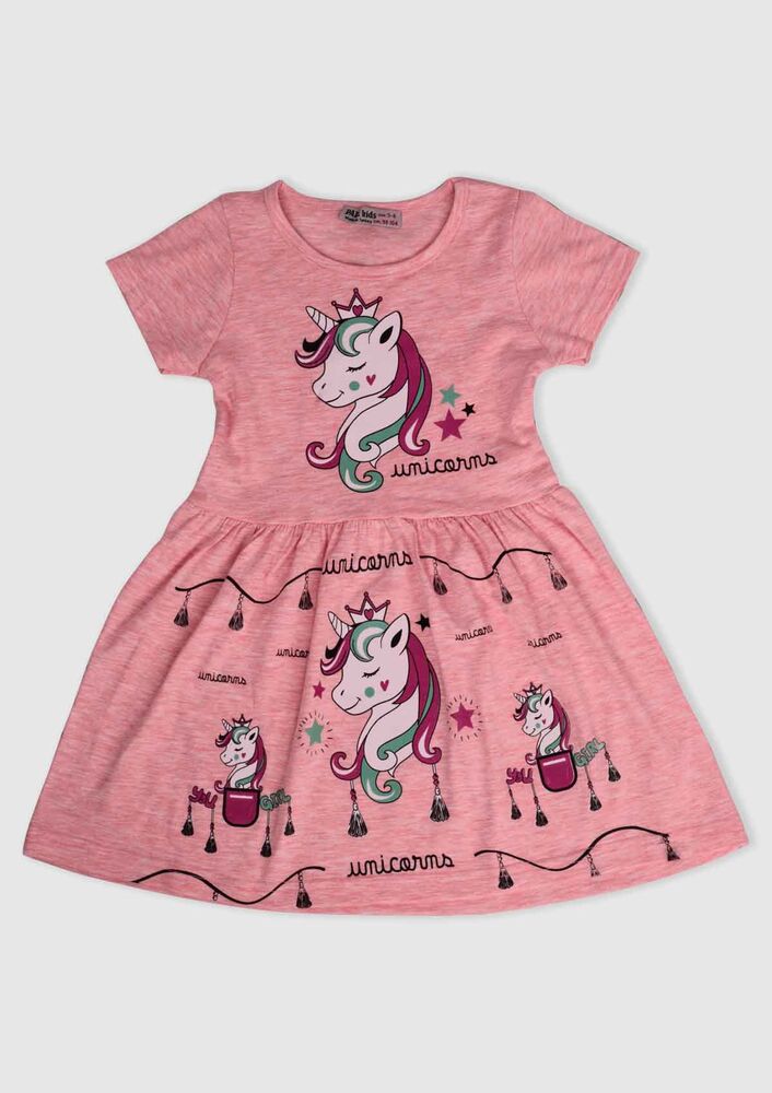 Unicorn Baskılı Kız Çocuk Elbise 002 | Pembe