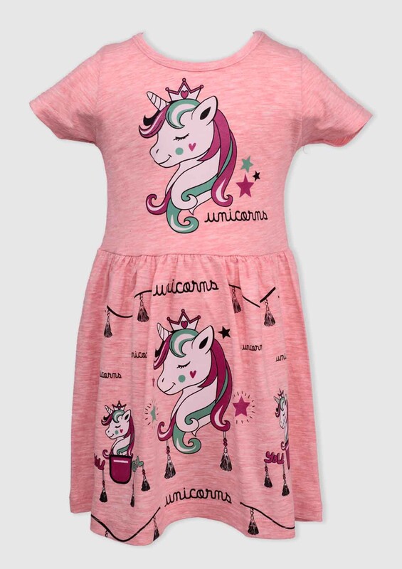 Unicorn Baskılı Kız Çocuk Elbise 002 | Pembe - Thumbnail