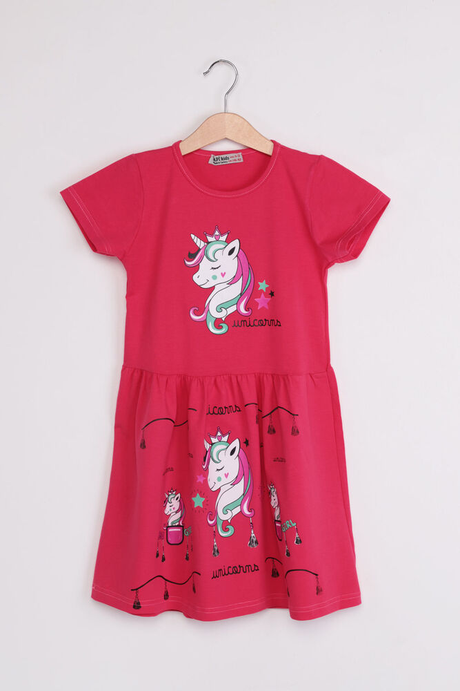Unicorn Baskılı Kız Çocuk Elbise 002 | Fuşya