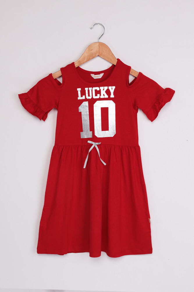 Omzu Açık Lucky Baskılı Kız Çocuk Elbisesi | Kırmızı