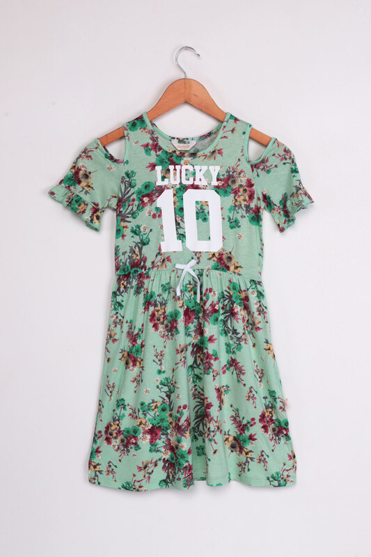 SİMİSSO - Lucky Baskılı Kız Çocuk Elbise | Yeşil