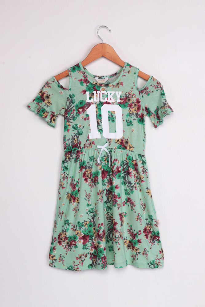 Lucky Baskılı Kız Çocuk Elbise | Yeşil