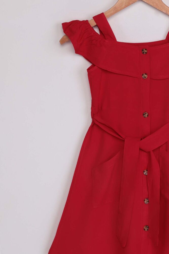 Madonna Yaka Düğmeli Kız Çocuk Elbise | Kırmızı