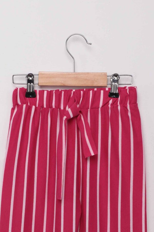 Beli Lastikli Çizgili Kız Çocuk Pantolon | Fuşya - Thumbnail