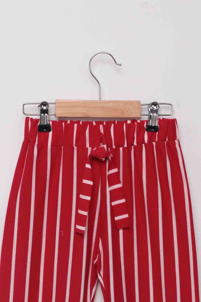 Beli Lastikli Çizgili Kız Çocuk Pantolon | Kırmızı