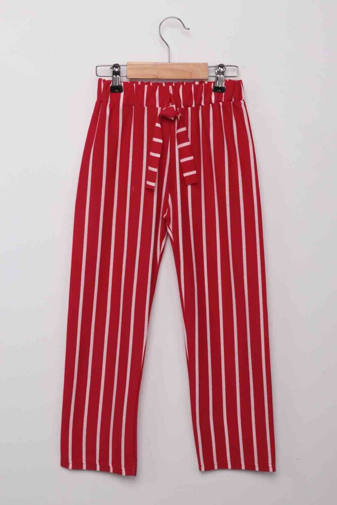Beli Lastikli Çizgili Kız Çocuk Pantolon | Kırmızı