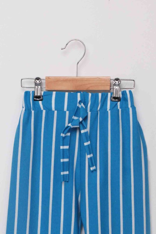 Beli Lastikli Çizgili Kız Çocuk Pantolon | Mavi - Thumbnail